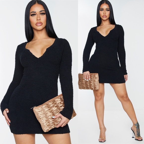 PrettyLittleThing Dresses & Skirts - Pretty Little Thing Black Chenille Soft Teddy Long Sleeve Mini Dress Size 2